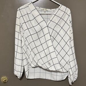 Elegant White Grid Pattern Wrap Blouse